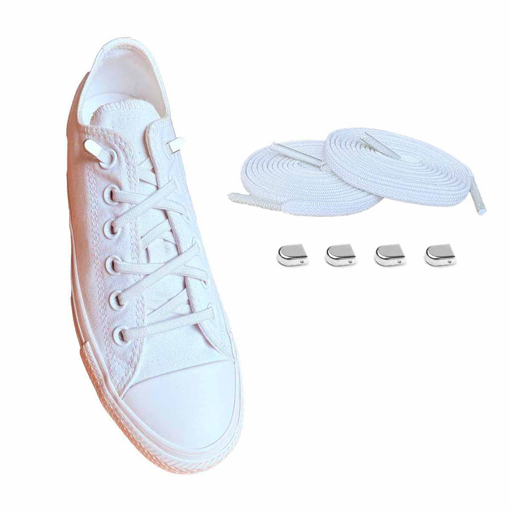 sznurowadla elastyczne biale klipsy srebrne blyszczace buty