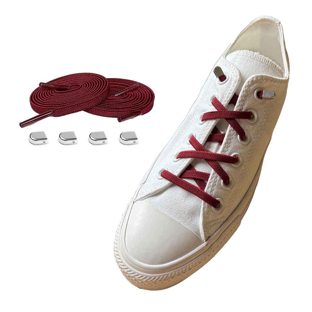 sznurowadla elastyczne bordo czerwone klipsy srebrne blyszczace buty