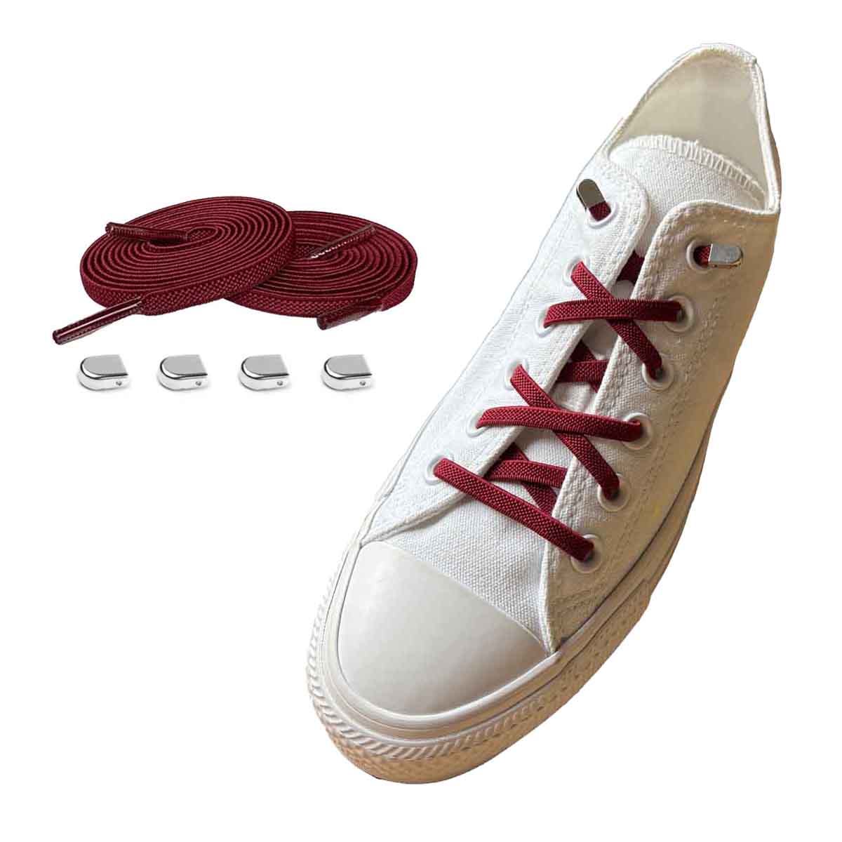sznurowadla elastyczne bordo czerwone klipsy srebrne blyszczace buty