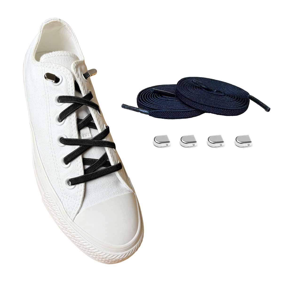 sznurowadla elastyczne czarne klipsy srebrne blyszczace buty