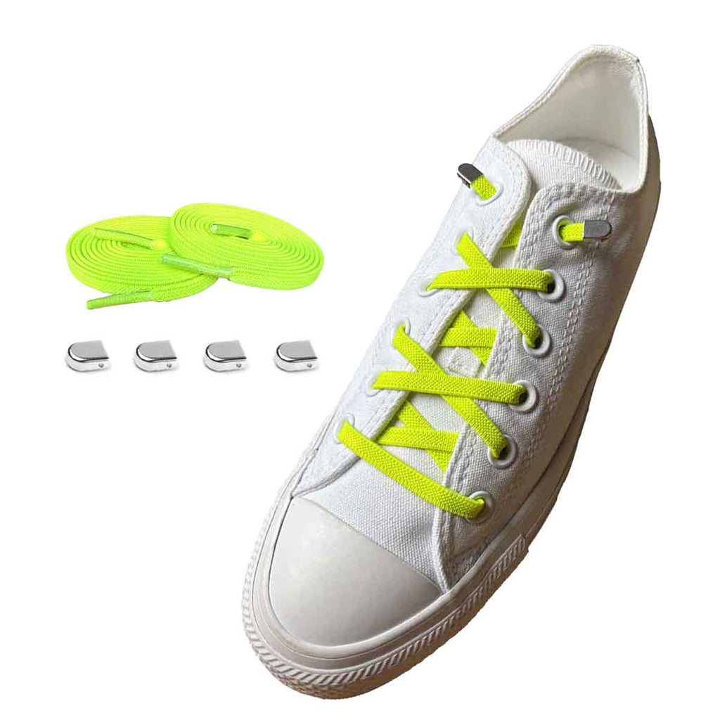 sznurowadla elastyczne neonowo zolte klipsy srebrne blyszczace buty