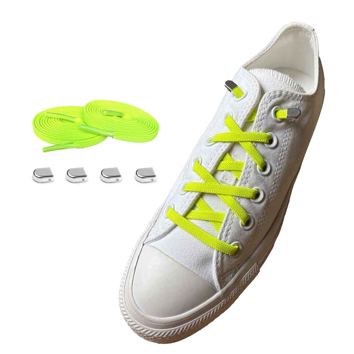 sznurowadla elastyczne neonowo zolte klipsy srebrne blyszczace buty