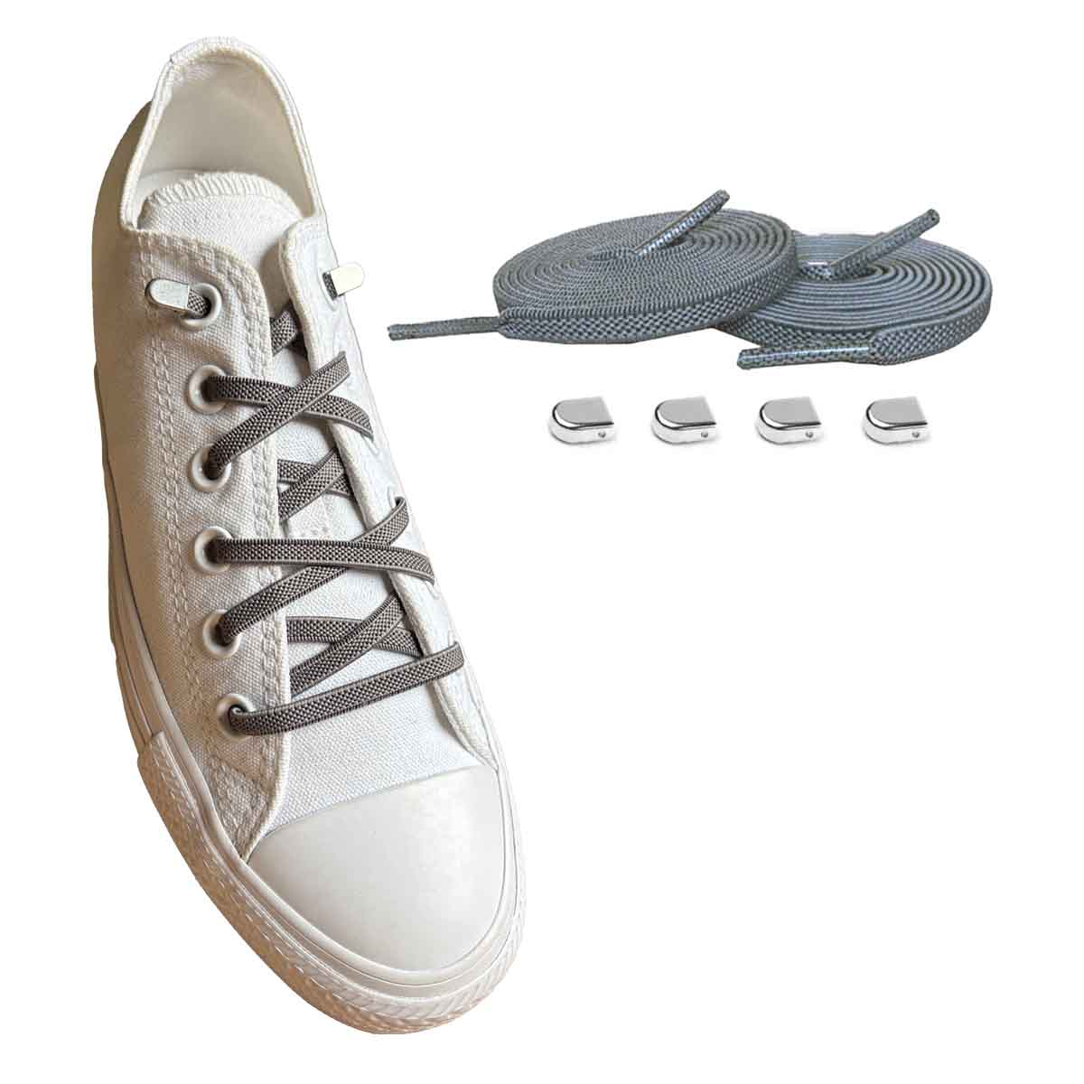 sznurowadla elastyczne szare klipsy srebrne blyszczace buty