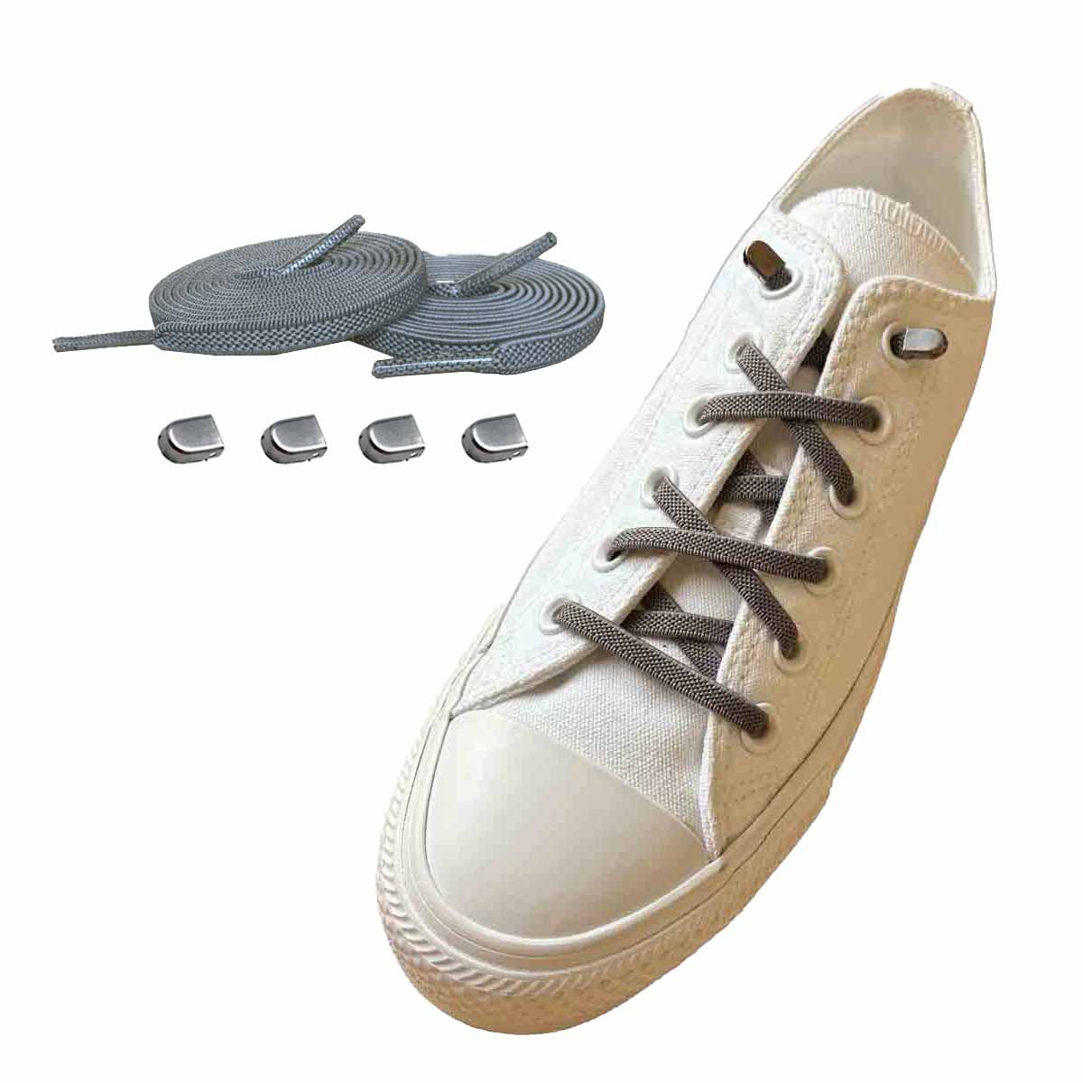 sznurowadla elastyczne szare klipsy srebrne matowe buty