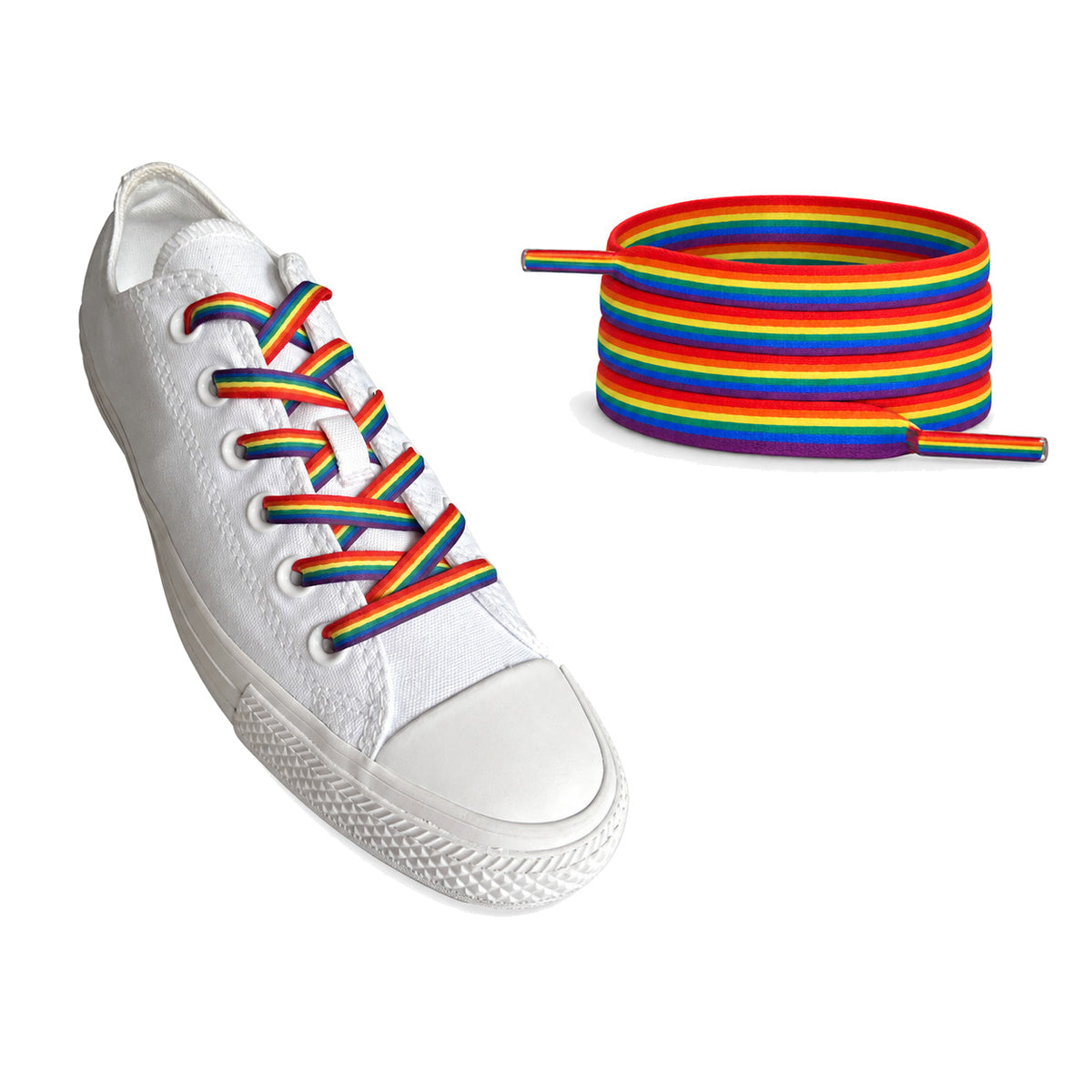Tęczowy w paski – sznurowadla plaskie tecza paski 02 sneaker bialy