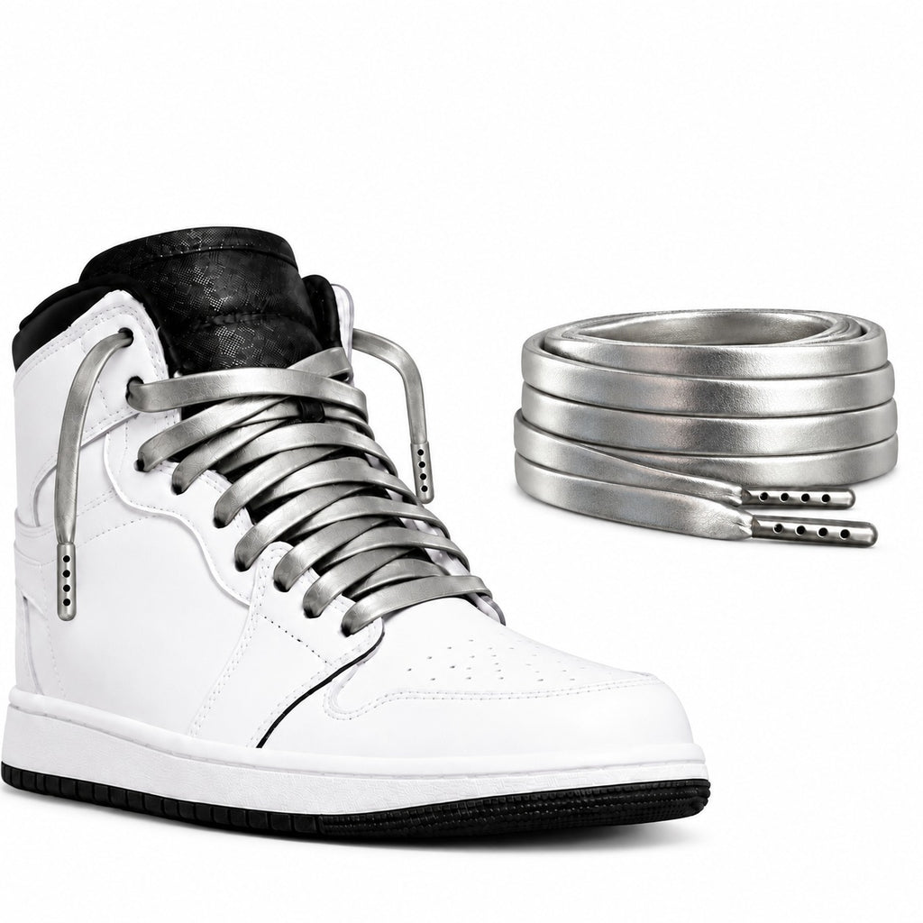Srebrny – sznurowadla skorzane plaskie srebrny 02 but high top bialy