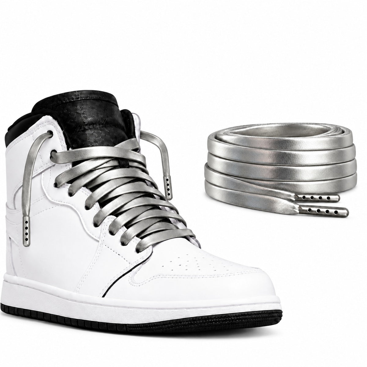 Srebrny – sznurowadla skorzane plaskie srebrny 02 but high top bialy