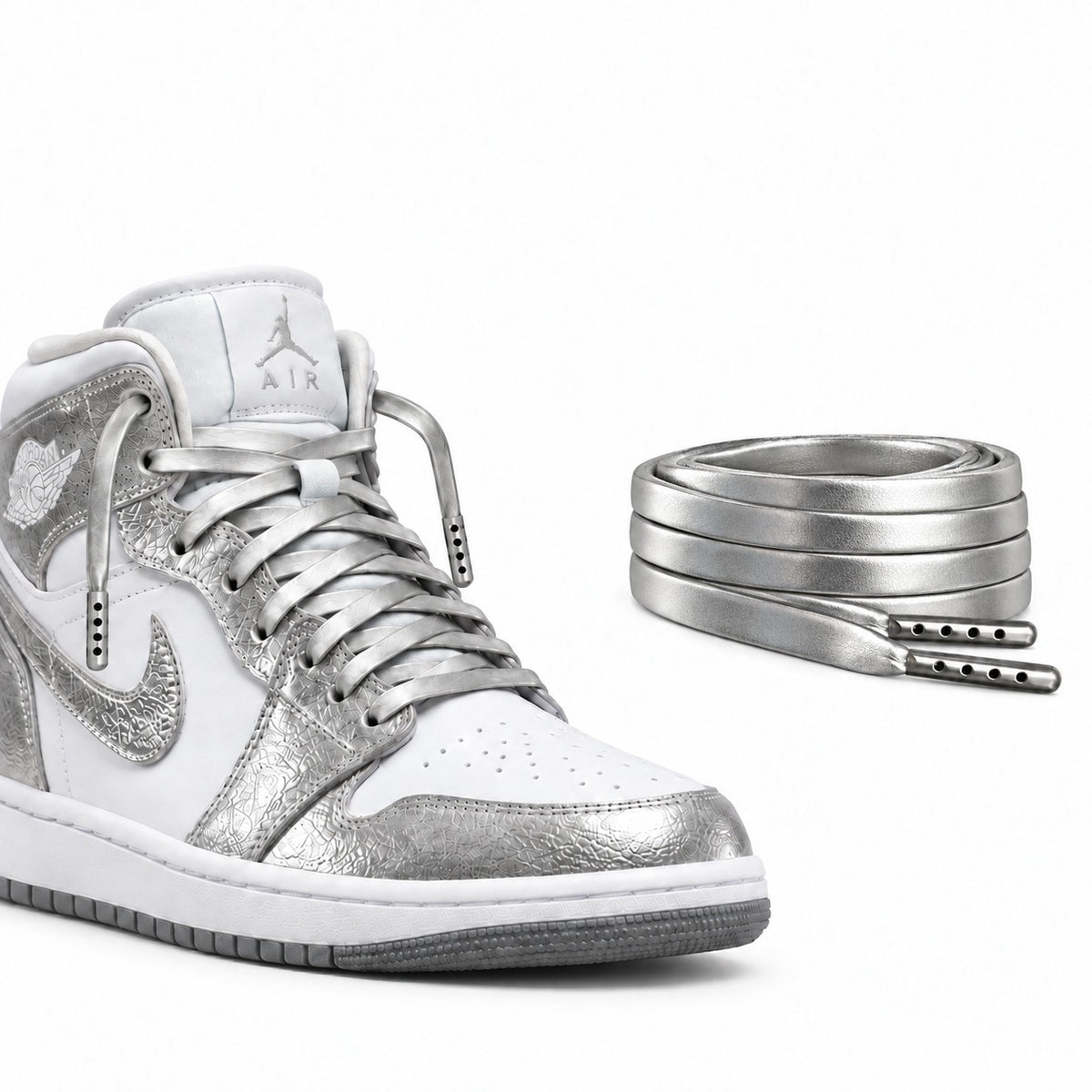 Srebrny – sznurowadla skorzane plaskie srebrny 03 but nike jordan